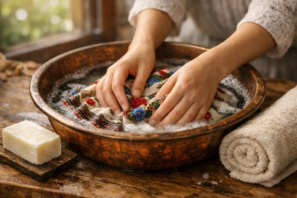 Keşan el dokuma yazmanın bakır leğende, doğal sabunla nazikçe elde yıkanması