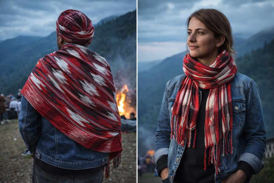 Denim ceket üzerinde omuzlara alınmış, geleneksel dolaylık ve modern atkı stilinde kullanılan Karadeniz keşan dokuması pamuk şal