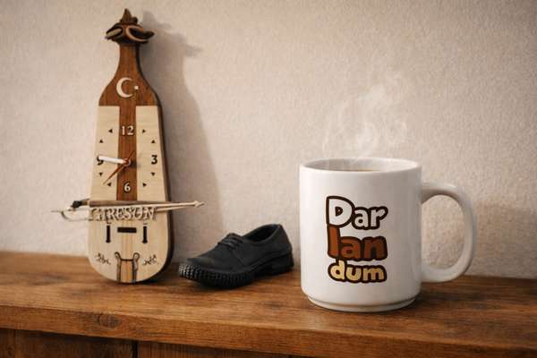 Ahşap raf üzerinde kemençe temalı duvar saati, minyatür kara lastik ve Karadeniz şiveli kupa ile nostaljik hediyelik kompozisyon