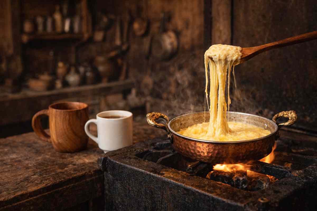 Ahşap mutfakta ocak üzerinde bakır kuymak sahanında uzayan mıhlama, masada ahşap kupa bardak ve porselen kupa ile geleneksel Karadeniz mutfak kültürü.