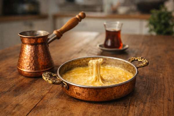 Ahşap mutfak masasında bakır sahanda uzayan kuymak, yanında bakır cezve ve arka planda çay bardağıyla Karadeniz mutfağı