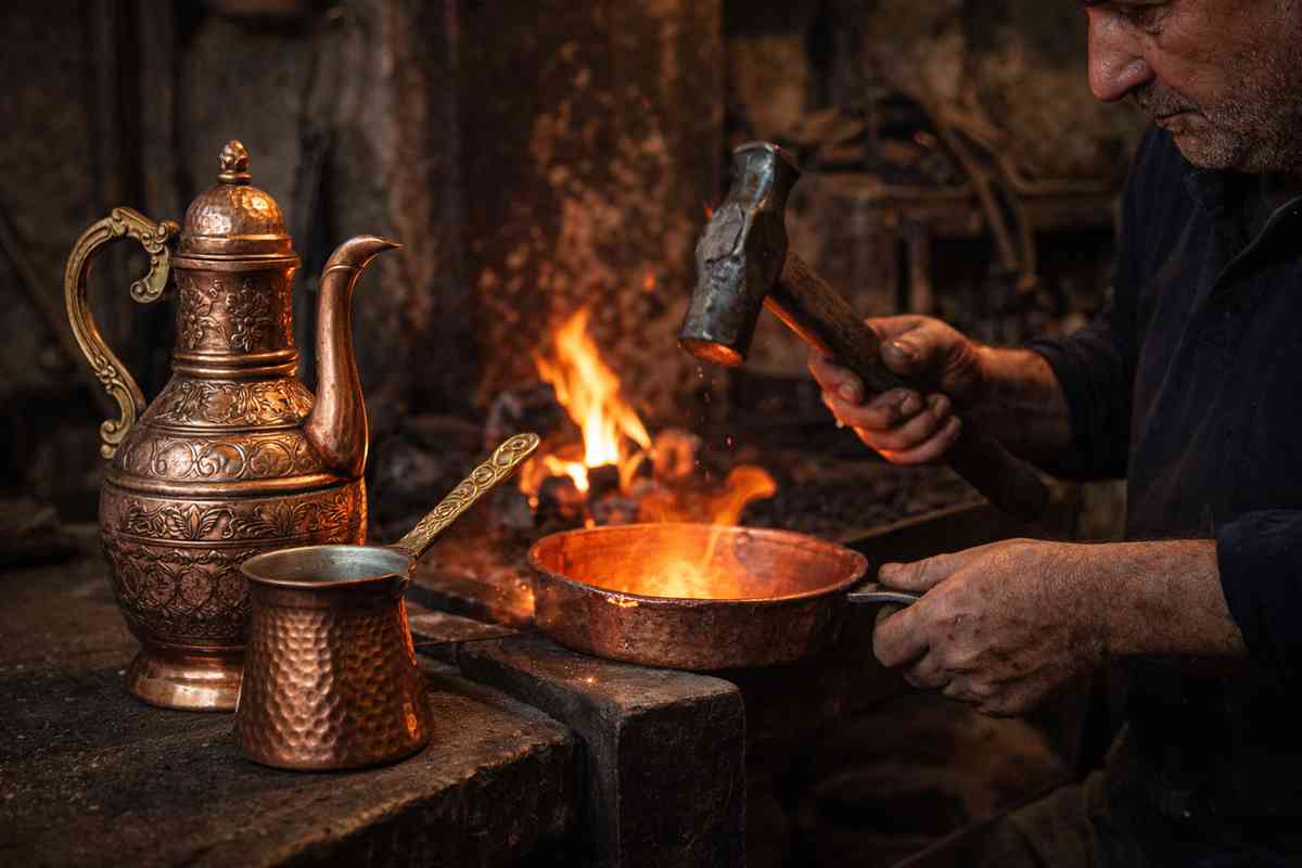 Çayeli’nde küçük bir atölyede bakır ustasının bakırı dövdüğü sahnede, ön planda dekoratif bakır işlemeli güğüm ve dövme bakır Türk kahvesi cezvesi, ateş ve atölye patinası eşliğinde.