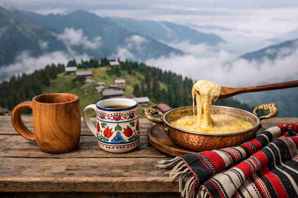Bulutlu Karadeniz yaylası manzarası önünde ahşap masa üzerinde ahşap kupa bardak, el boyama seramik kupa, bakır kuymak sahani ve masa kenarına serilmiş hakiki keşan şal.